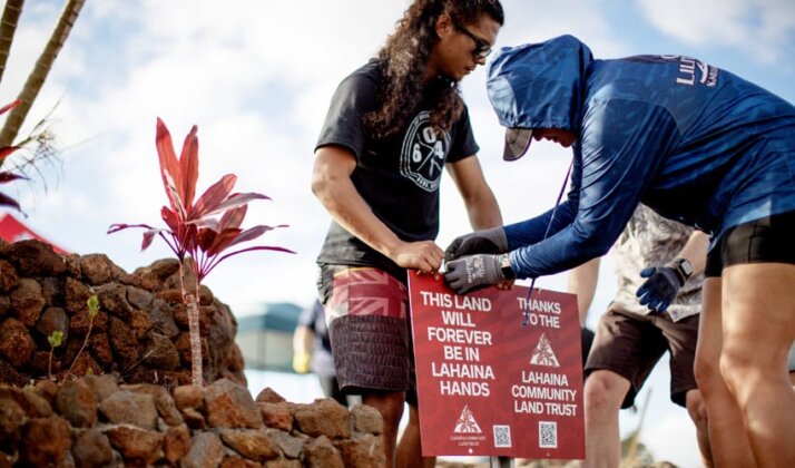 Photo: Paele Kiakona and Mikey Burke mālama the first piece of ʻāina held in trust by the Lahaina Community Land Trust