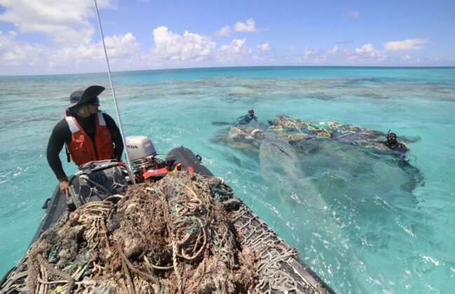 Photo: NOAA team member looks on as divers gather fishing nets from the reef