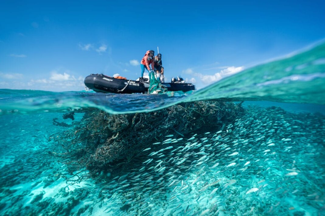 Photo: Papahānaumokuākea Marine Debris Project (PMDP) technicians remove a large, derelict fishing net