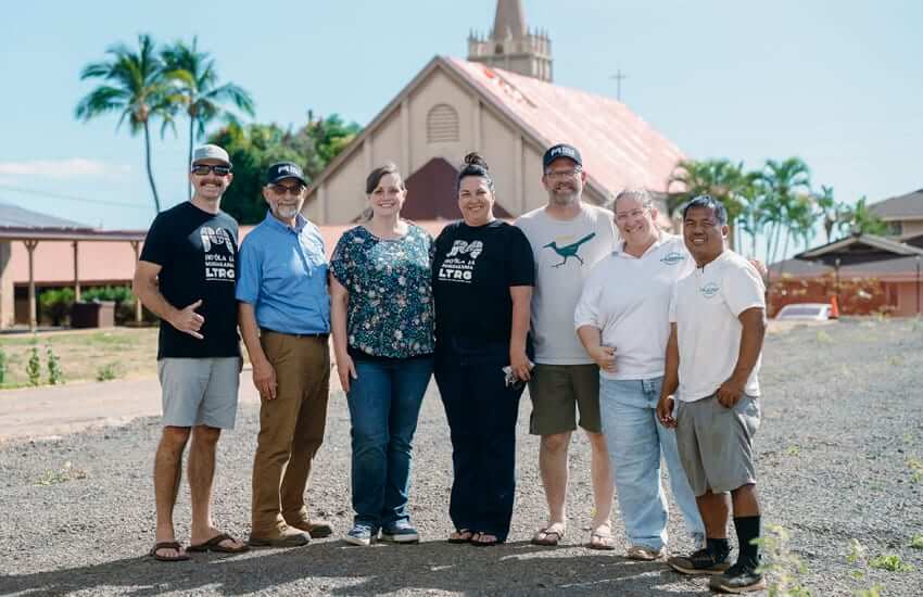 Photo: Hoʻōla staff with members of the Mennonite Disaster Service (MDS) at Sacred Hearts School in Lahaina 