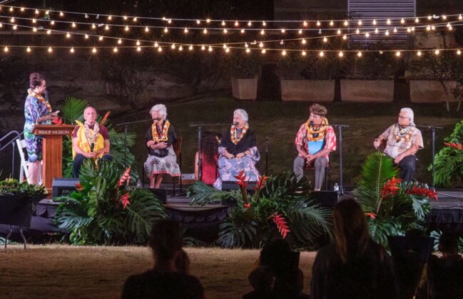 Photo: Panel discussion featuring (seated l-r) Kahaʻi Topolinski, Sarah Keahi, Naomi Losch, Laʻakea Suganuma, and Cy Bridges.