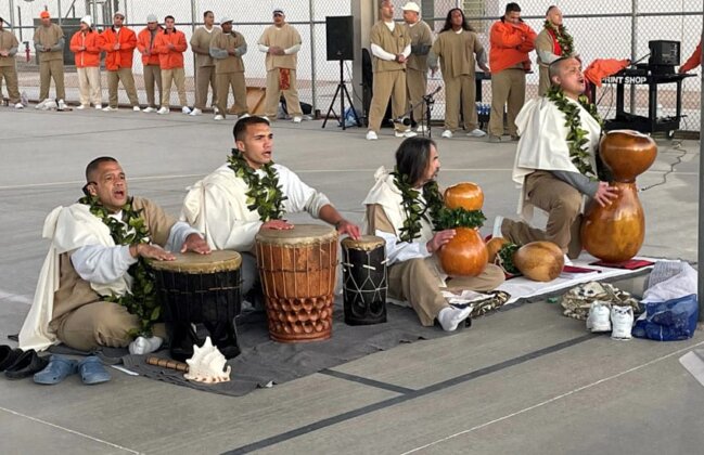 Photo: hoʻopaʻa oli and drum for the ʻōlapa (dancers) at the 2022 Makahiki celebration at Saguaro